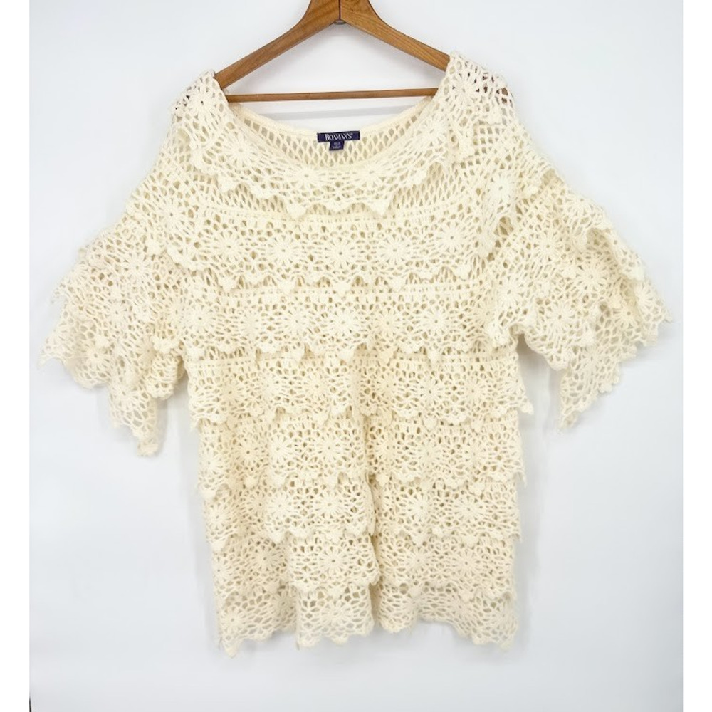 Roaman's Layered Crochet Lace Sweater Top Size Large 18-20 Cream Boho Feminine
